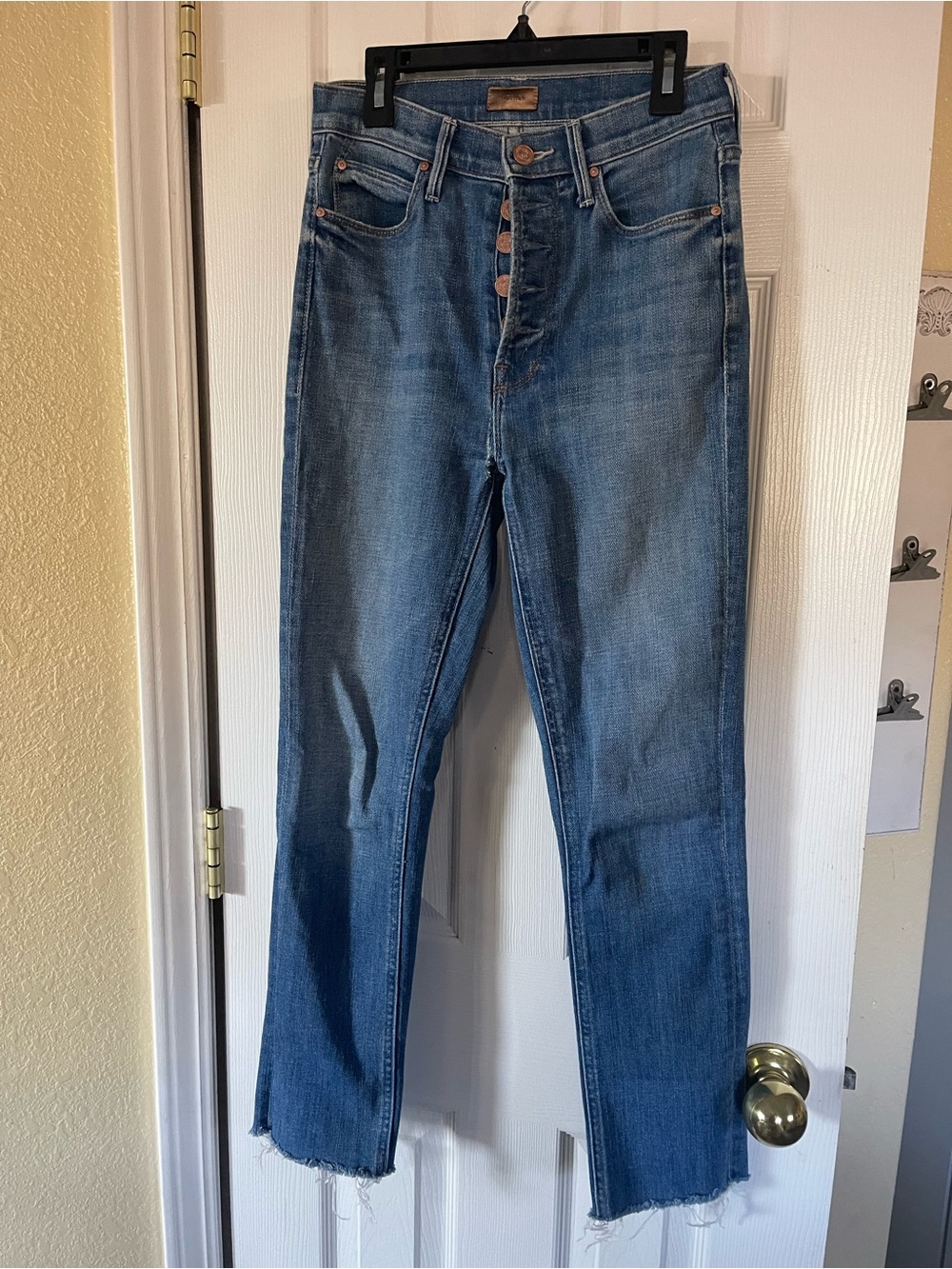 MOTHER Medium Blue Denim Jeans with Brown Leather Patch